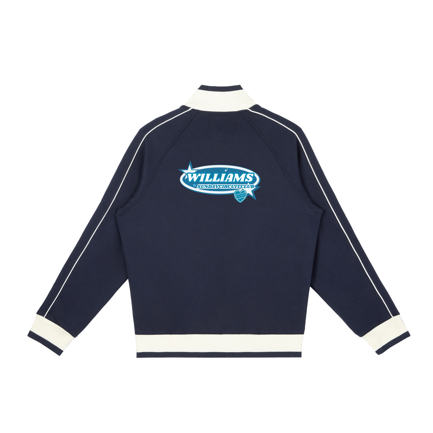 Navy jacket with a Williams logo on the back against a white background